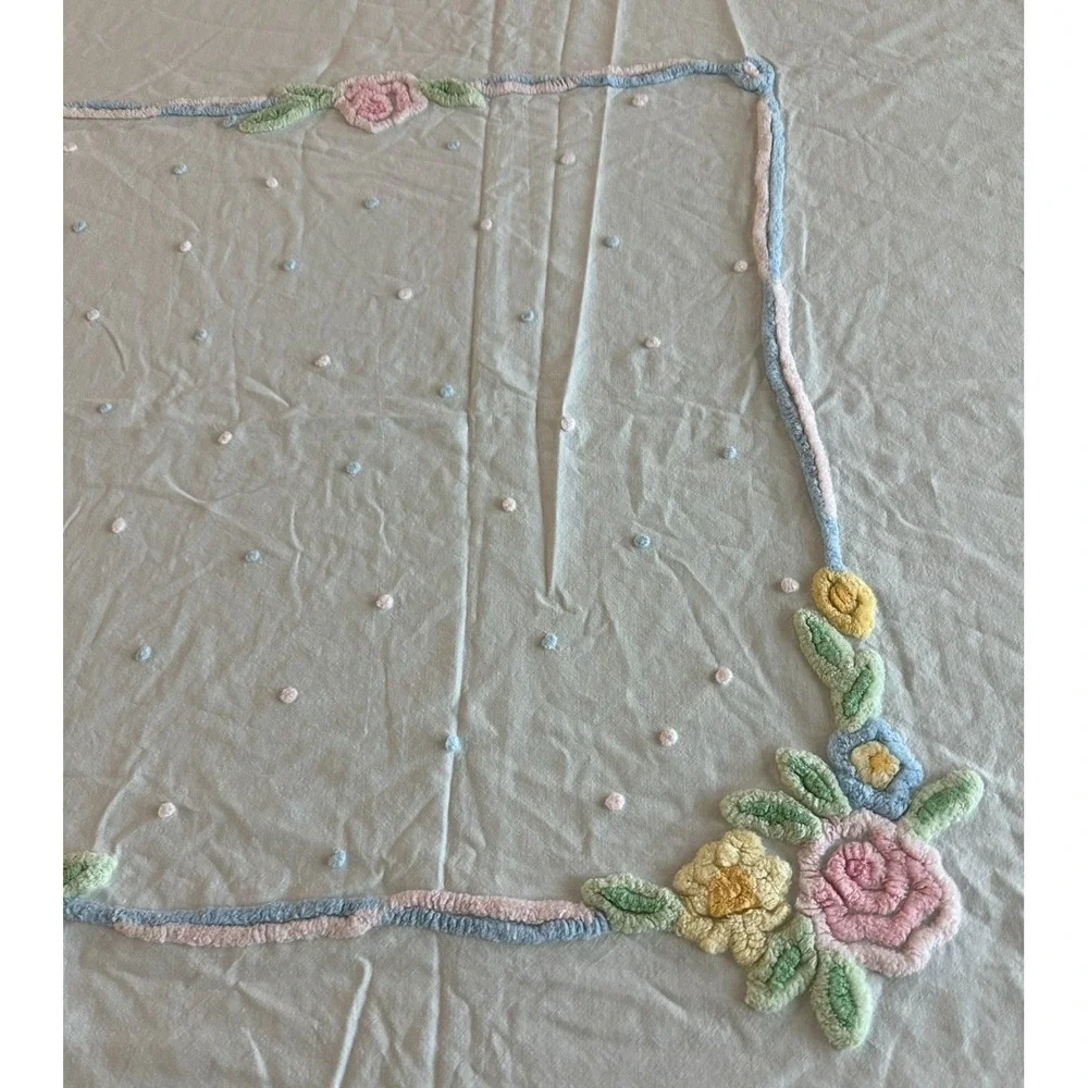 Vintage Hand Embroidered Tablecloth 72x49 Floral Pink‎ Green Yellow Rectangle